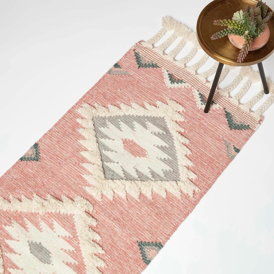 image 1 of Homescapes Pali Pink Kilim Runner Wool Rug - 66 x 200 cm | Pink | 66 x 200 cm