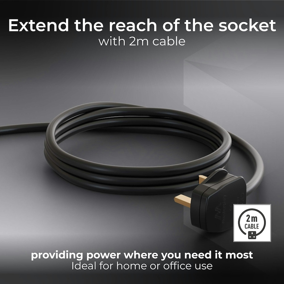 image 1 of Masterplug 4 Socket Extension Lead with 2m Cable, Wall-Fixing, Black