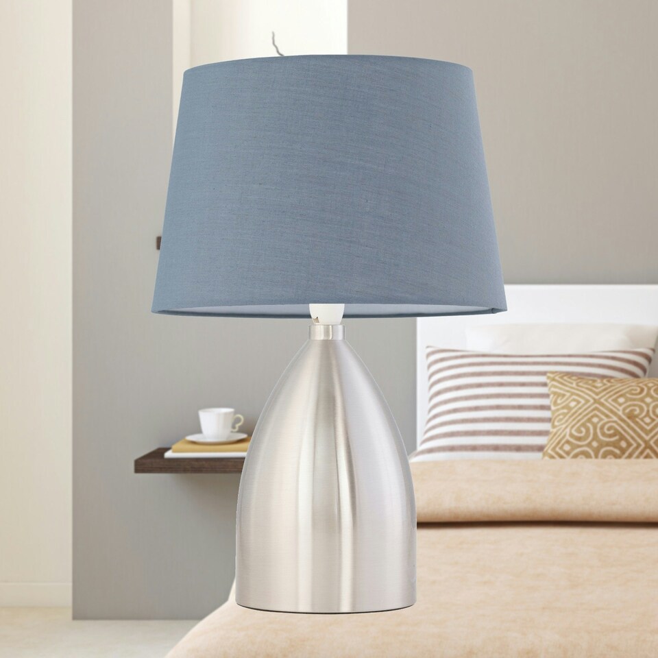 image 1 of First Choice Lighting Valentina Brushed Chrome Touch Lamp with Grey Cotton Shade Silver | Grey