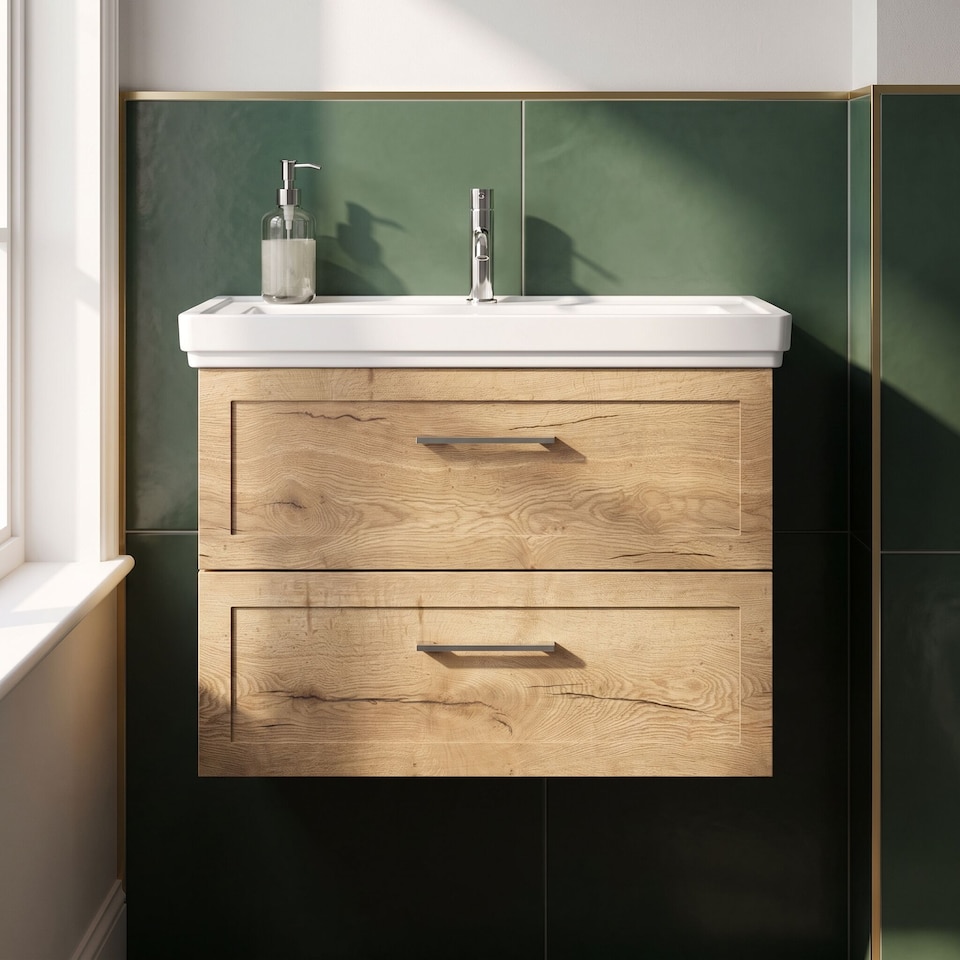 image 1 of Balterley Stonnall Traditional Wall Hung 2 Drawers Vanity Unit with Traditional 1 Tap Hole Fireclay Basin, 800mm, Autumn Oak