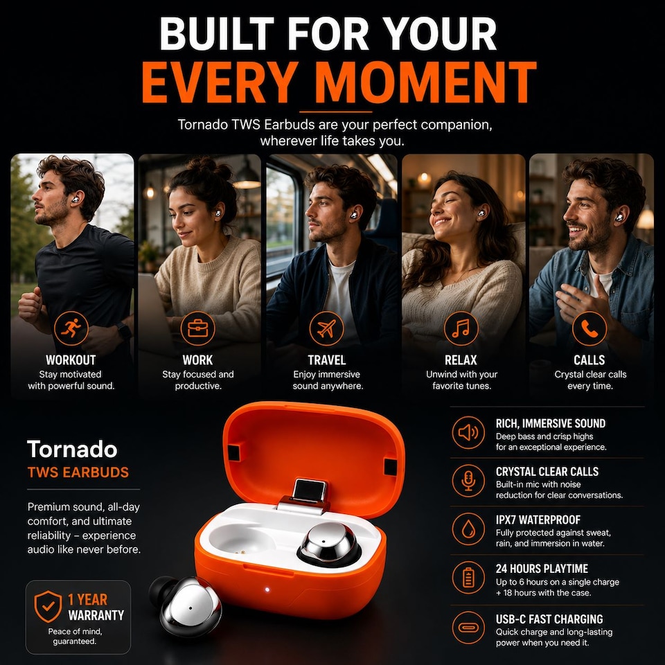 image 1 of Krane & Bauer Tornado Wireless In-Ear Headphones, Orange
