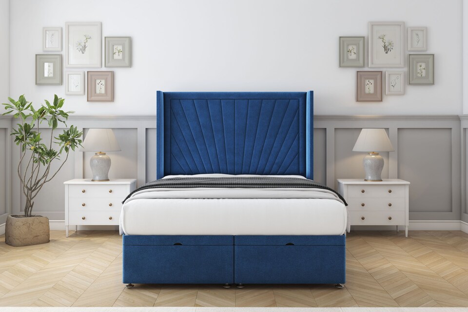 image 1 of Sloomy Rutherford Navy Plush Ottoman Bed Base With 54" Wingback Headboard 6' Super King | Blue | Navy | Super King | 1