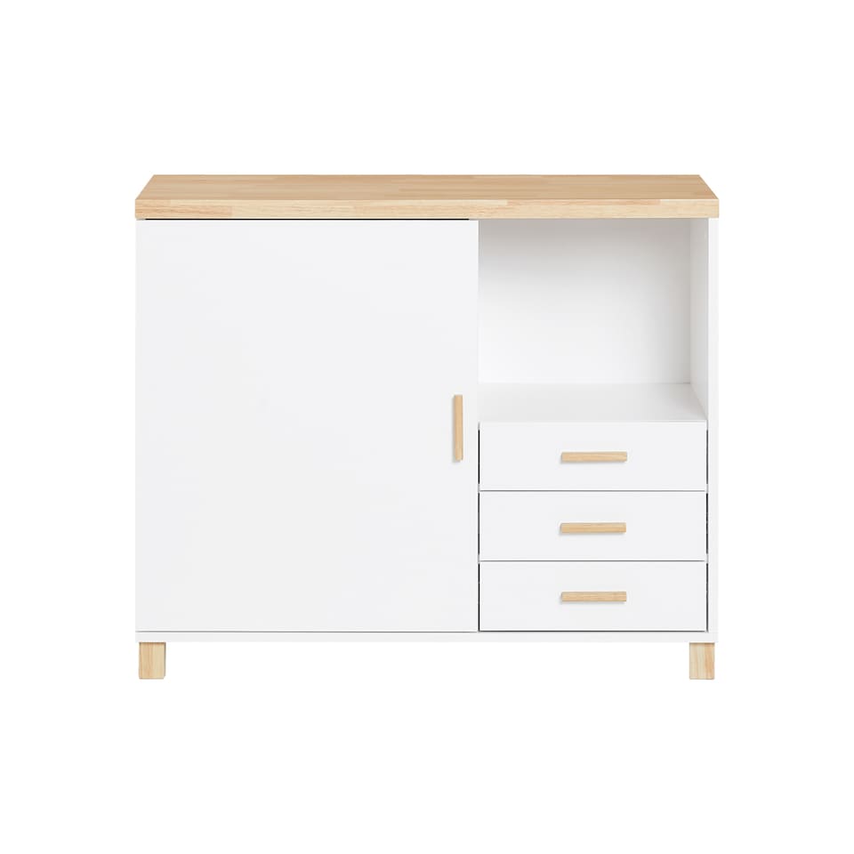 image 1 of SoBuy Printer Stand Under Desk Storage Cabinet with Open Shelf and 3 Drawers, White & Natural Wood, 35.4x17.7x29.5 in, 45.1 kg - ASK07-WN