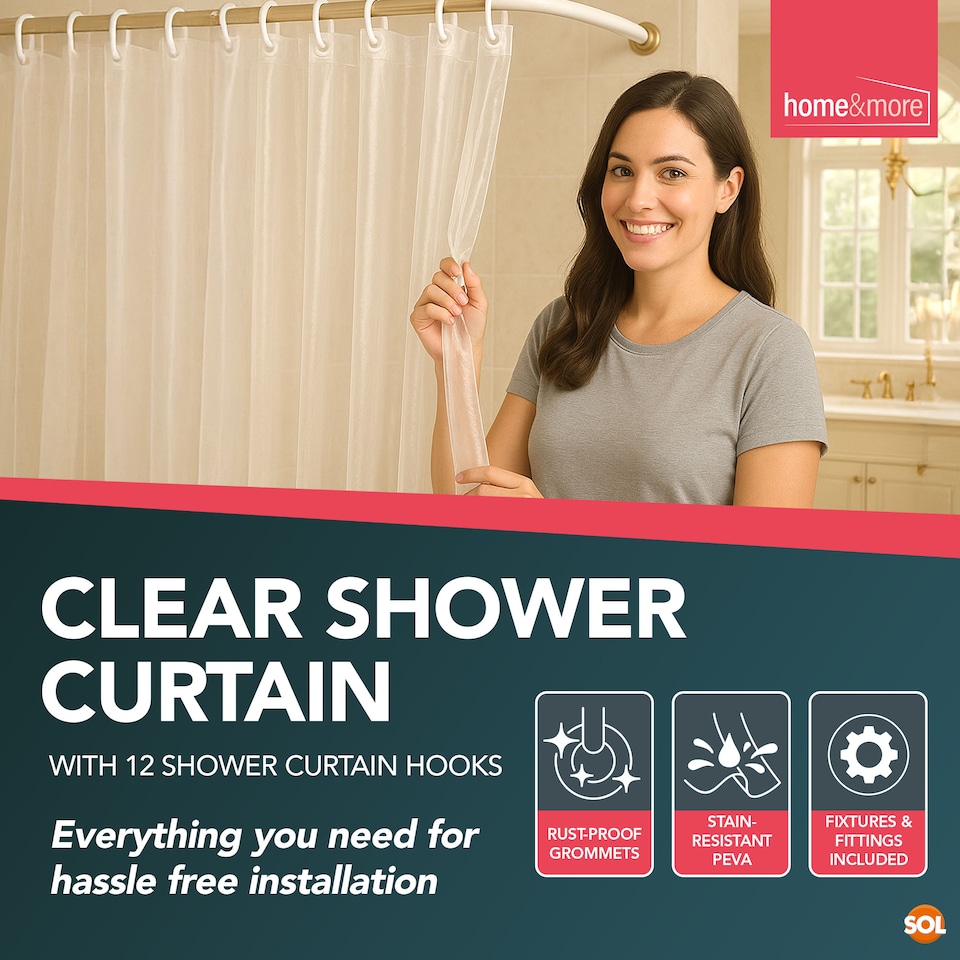 image 1 of Clear Shower Curtain 180x180cm with 12 Hooks Waterproof Plastic Bath Liner with Rust Proof Grommets Anti Mould and Easy to Install