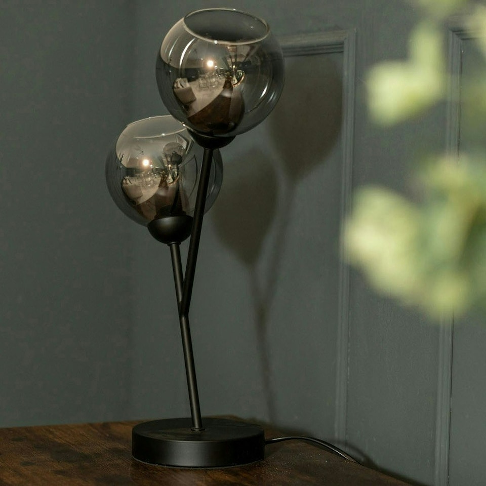 image 1 of ValueLights Aria Matte Black 2 Way Table Lamp with Smoked Grey Globe Shades