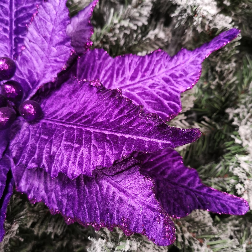 image 1 of 76cm Purple Velvet Poinsettia Stem with Glitter Christmas Decoration