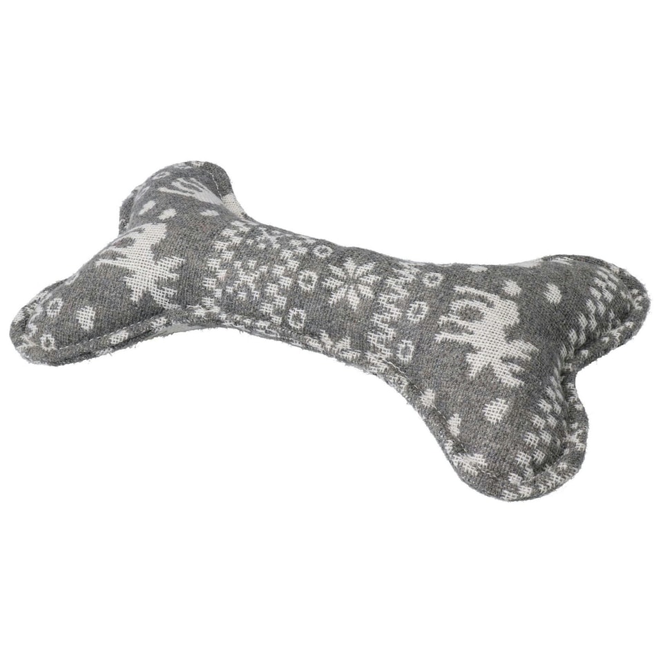image 1 of Dog Christmas Gift Plush Play Squeaky Grey Patterned Bone Toy 14x23cm