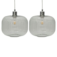 First Choice Lighting Set of 2 Batley Large Clear Ribbed Glass Easy Fit Pendant Shades Clear