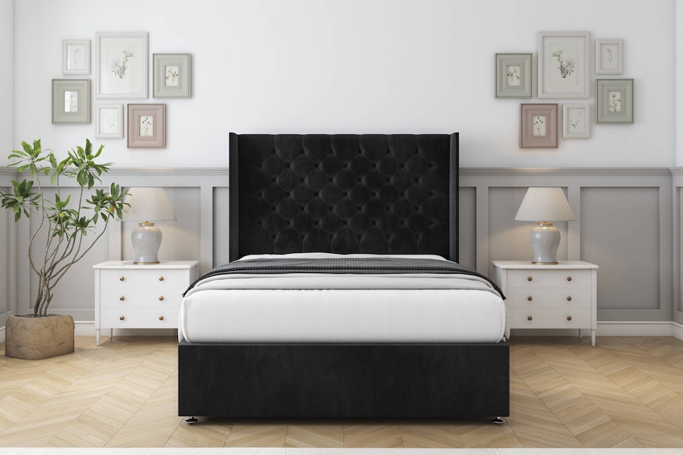 image 1 of Sloomy Dior Black Naples Divan Bed Base No Drawers With 54 Inch Wingback Headboard | Black | Black | Small Double | 1