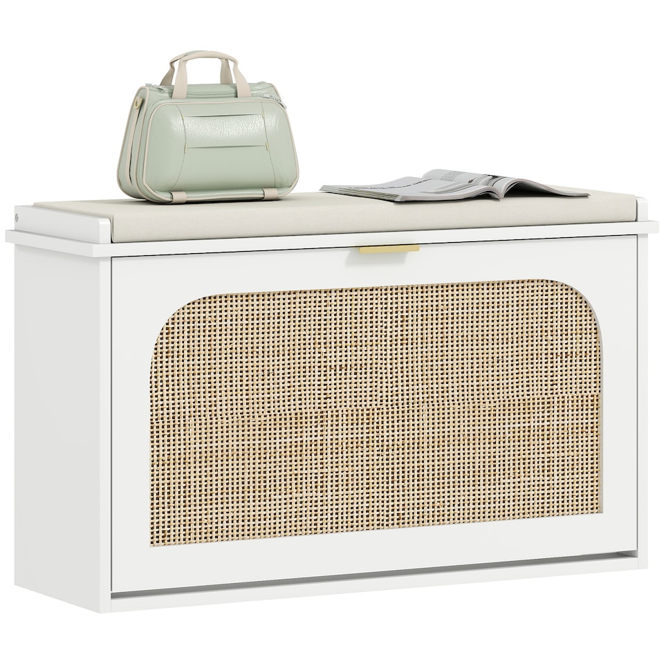 image 1 of HOMCOM Narrow Shoe Bench with Padded Seat and Flip-Drawer, Boho Shoe Storage Bench with Rattan Door and Adjustable Shelf for Hallway, Entryway, Holds 8 Pairs, White | White | White