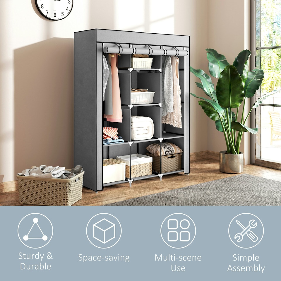 image 1 of HOMCOM Fabric Portable Wardrobe with 8 Shelves 2 Hanging Rails, Light Grey Grey