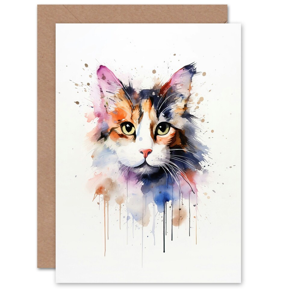 image 1 of Calico Watercolour Pet Portrait Cat Lover Blank Just to Say Card
