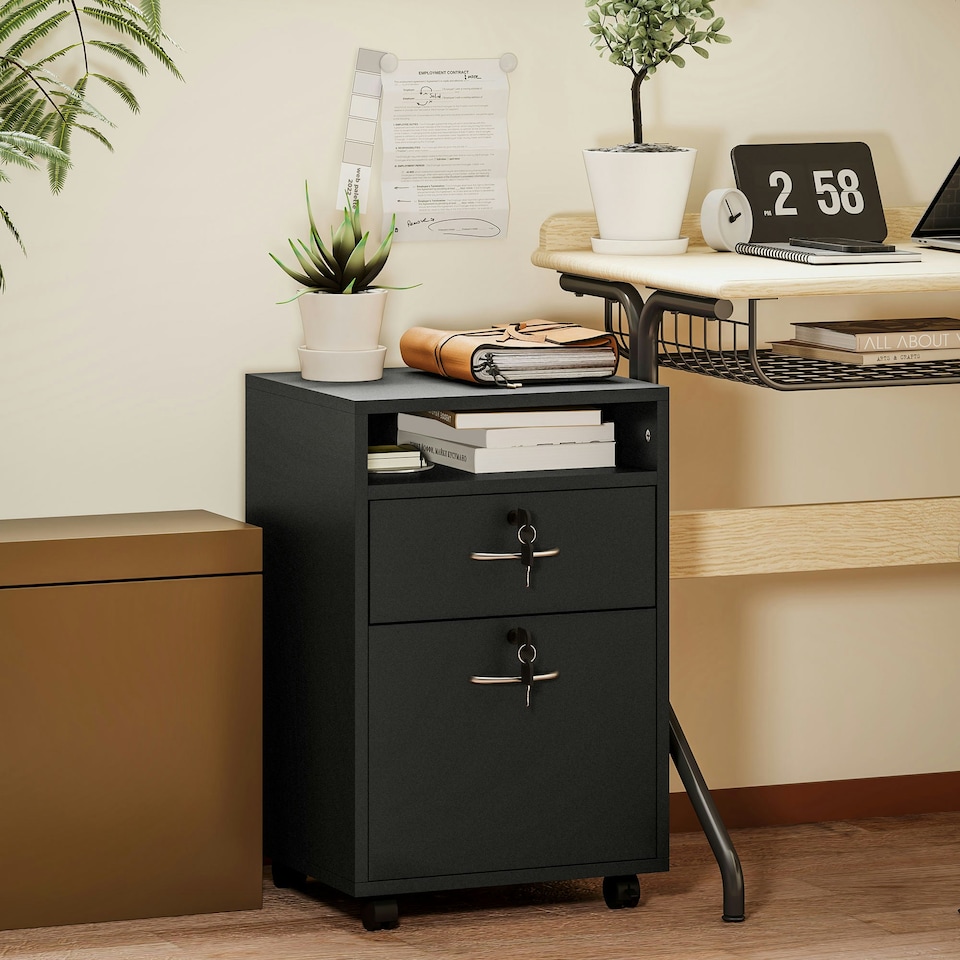 image 1 of HOMCOM 60cm Filing Cabinet with Drawers and Open Shelf, Black
