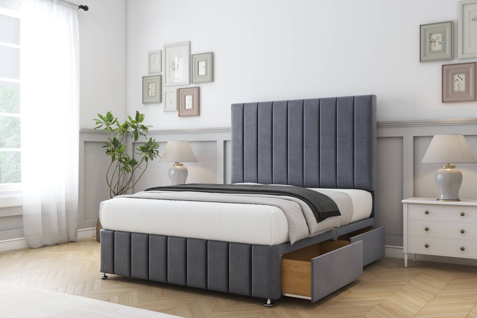 image 1 of Sloomy California Steel Plush Divan Bed With Mattress 2 Drawers Footend With 26" Strutted Headboard & 12" Matching Footboard 5' King | Grey | Steel | King | 1