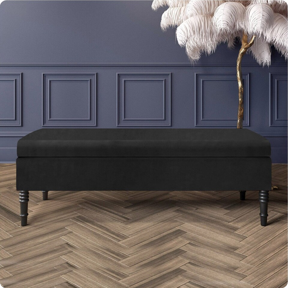 image 1 of Safar Plain 137cm Ottoman Storage Bench - Plush Velvet Shoe Bench - Black Upholstery Footstool with Storage