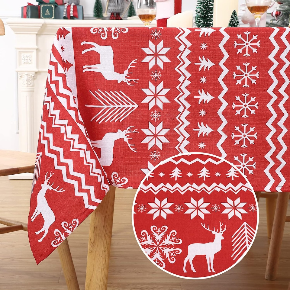 image 1 of London Boutique Christmas Tablecloth, Water‑Resistant, Boho Snowflake and Reindeer Print, Red, 52 x 52 in