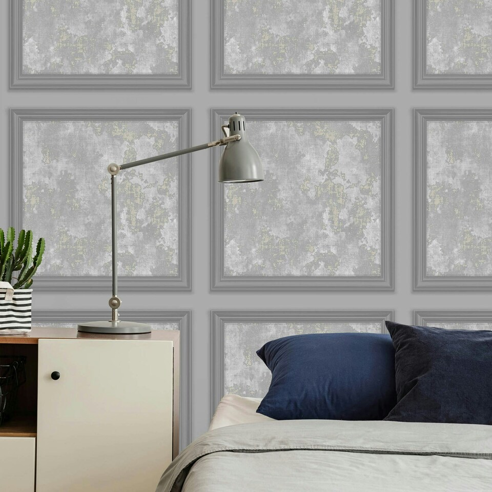 image 1 of Fresco Urban Texture Grey Panel Wallpaper Grey | Grey