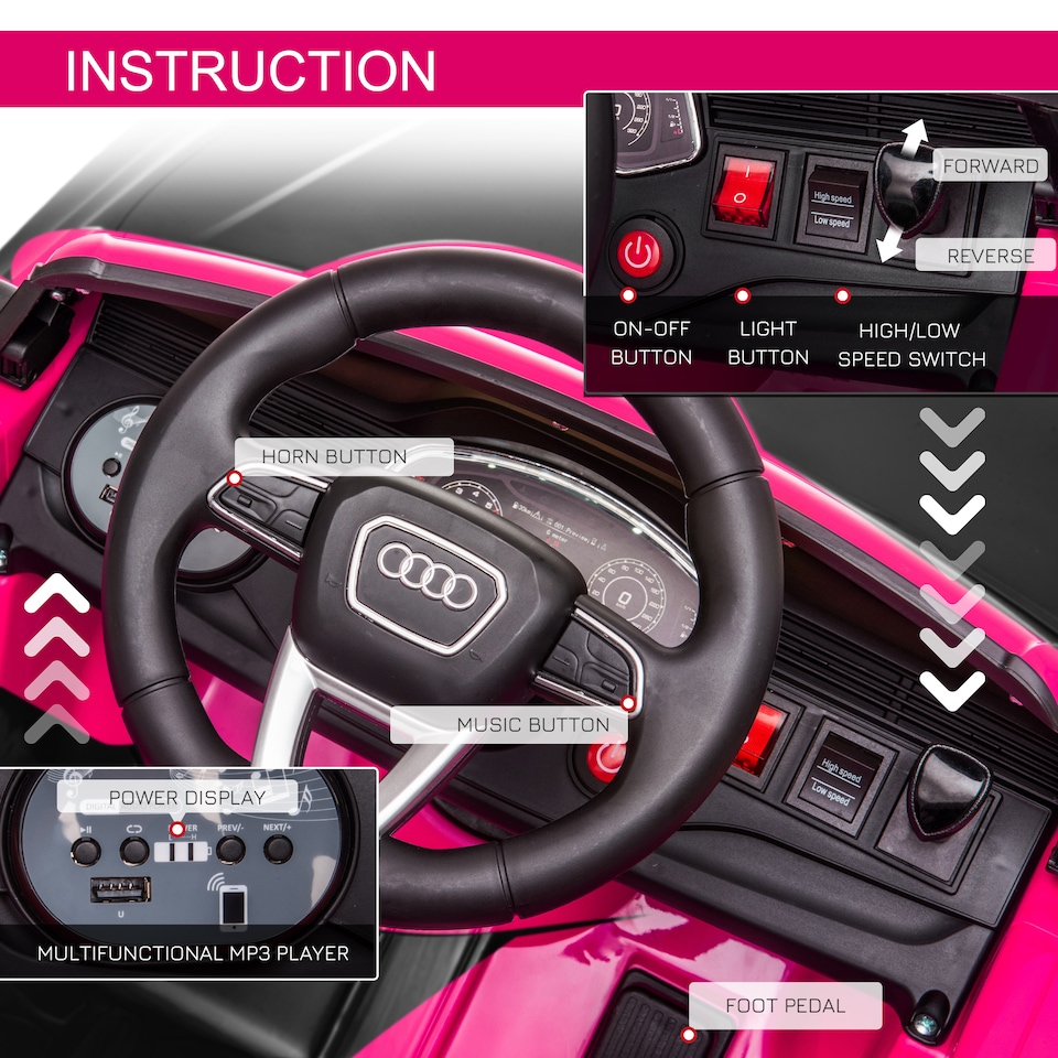 image 1 of HOMCOM Audi RS Q8 Licensed Electric Car for Kids, 6V Kids' Electric Ride on with Remote Control, 7Ah Big Battery, Lights Bluetooth, Music USB, for 3-5 Years Old, Pink
