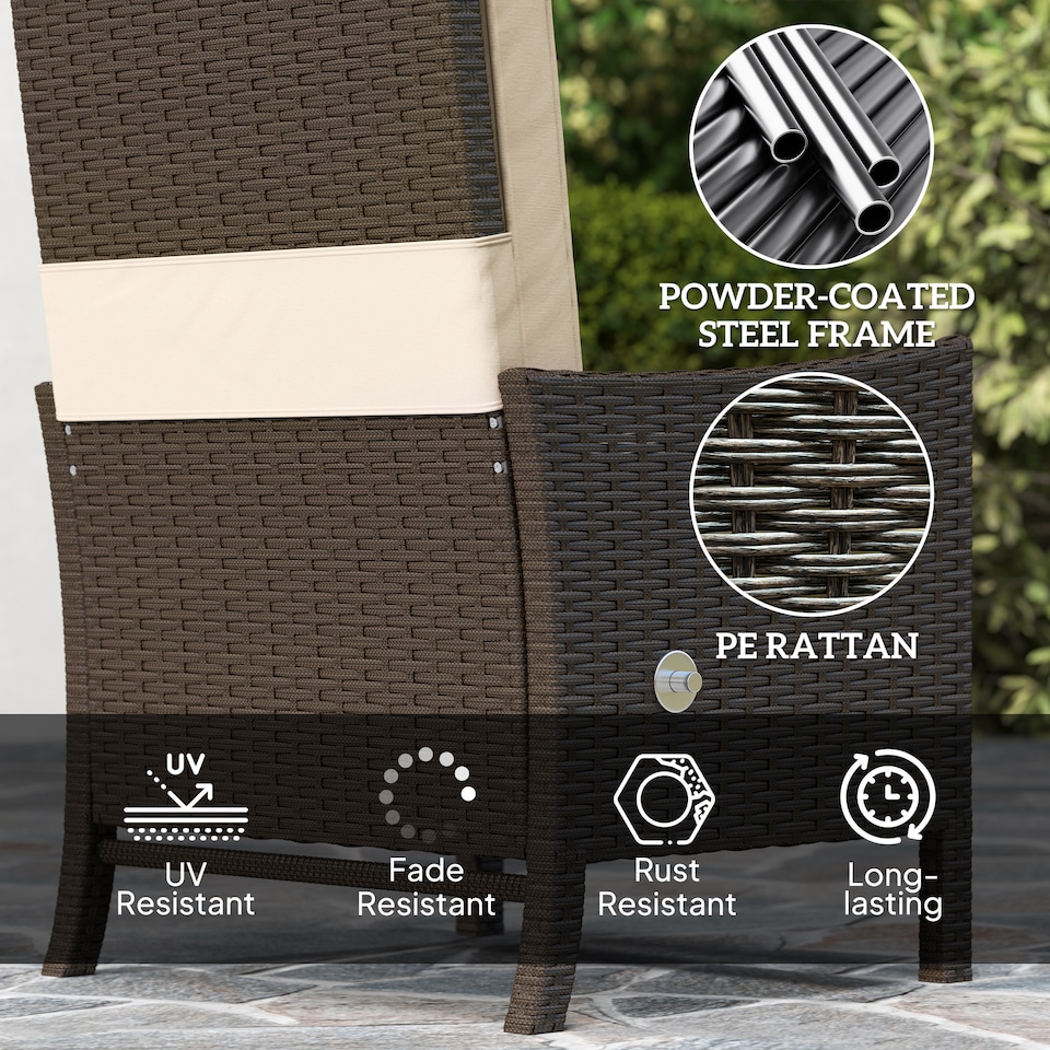 image 1 of Outsunny 5 Piece Rattan Garden Furniture Set, Wicker Patio Sofa Set with 2 Armchairs, 2 Footstools, Glass Top Coffee Table with Shelf, Outdoor Furniture with Adjustable Backrests, Cushions, Khaki | Brown | Khaki | One Size