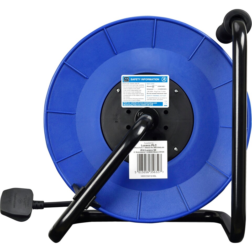 image 1 of Masterplug 50m 4 Socket 13A Heavy-Duty Open Cable Reel Thermal Cut-Out