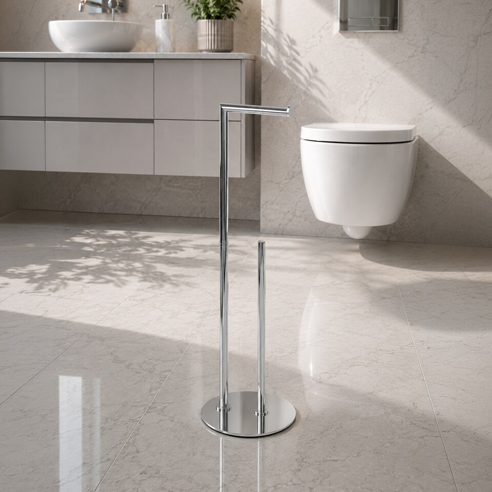 image 1 of Showerdrape Belgravia Chrome Freestanding Toilet Roll Holder & Spare Combo | Silver | 1