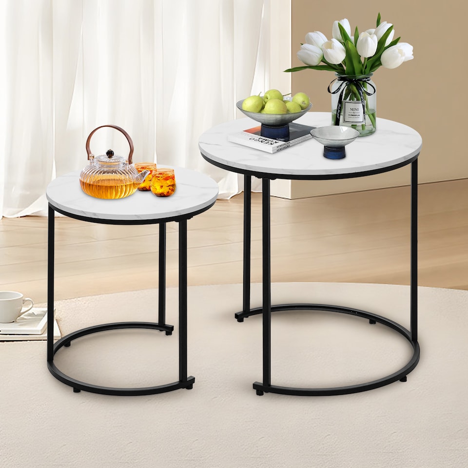 Alivio Set of 2 Round Nesting Coffee Tables with Metal Frame and Wooden Top (White)
