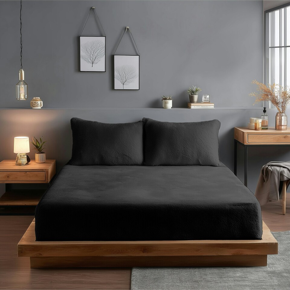 image 1 of Teddy Fitted Sheet 30cm Extra Deep Soft Cuddly Soft Touch Bedding | Black | Super King