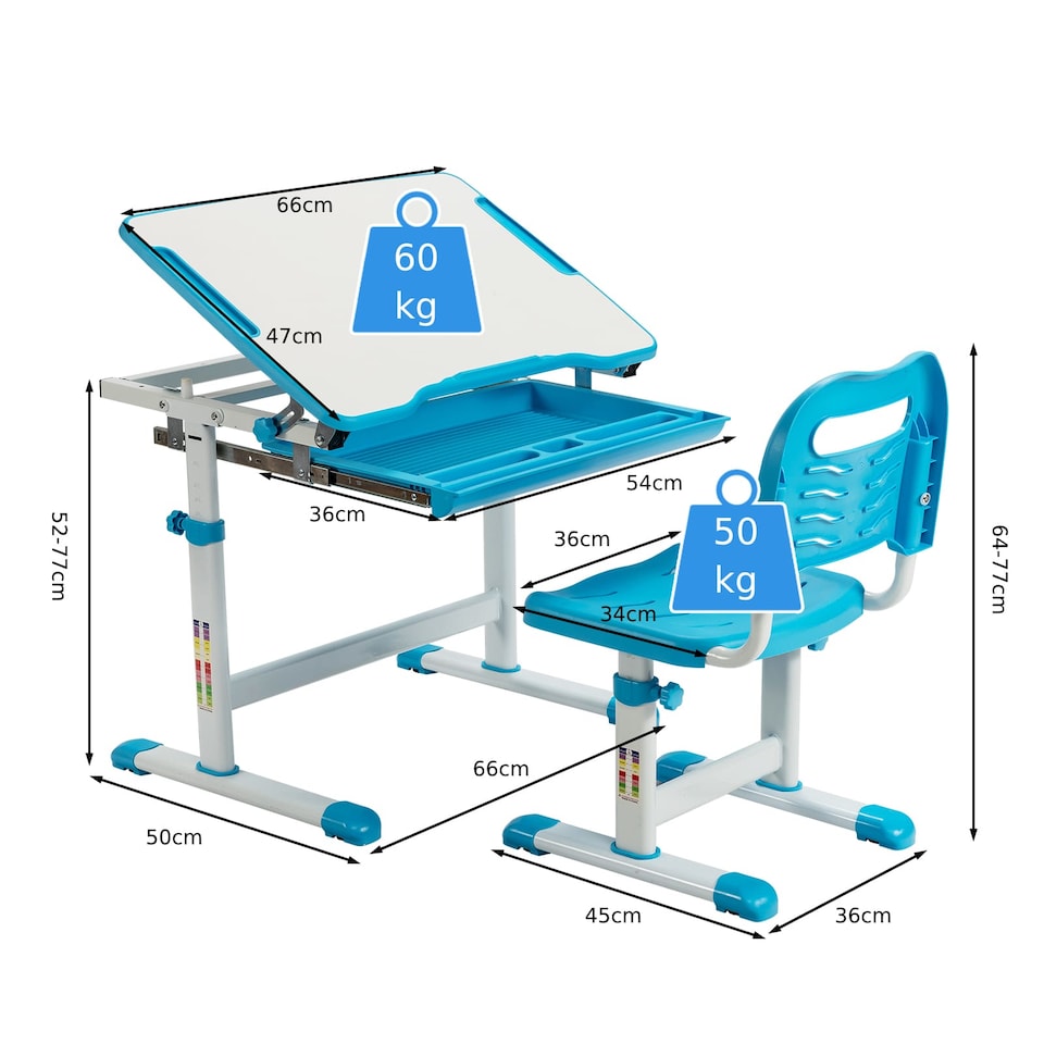image 1 of COSTWAY Height Adjustable Kids Study Table and Chair Set with Tilting Tabletop-Blue