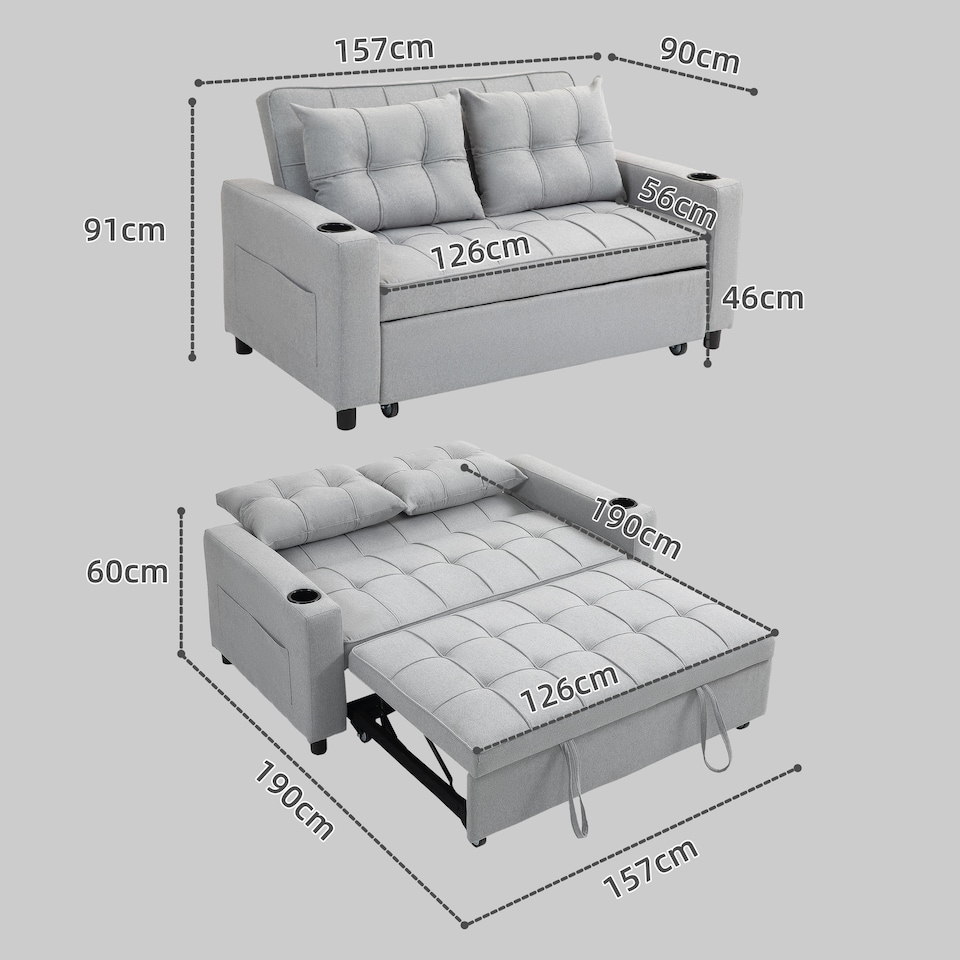 image 1 of HOMCOM 2 Seater Sofa Bed, Linen Click Clack Sleeper Sofa with Pull Out Design, 2 Pillows, Cup Holders, Side Pockets, Convertible Loveseat Bed Settee for Living Room, 157x190cm, Light Grey | Grey