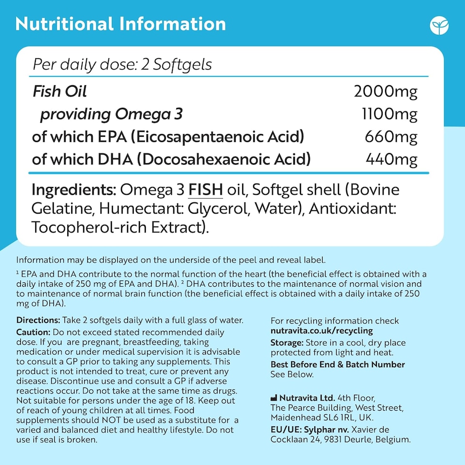 image 1 of Nutravita Omega 3 Capsules High Strength 2000mg with 660mg EPA & 440mg DHA - Omega 3 Fish Oil Capsules, Fish Oil Omega 3 Supplements - 240 Softgels