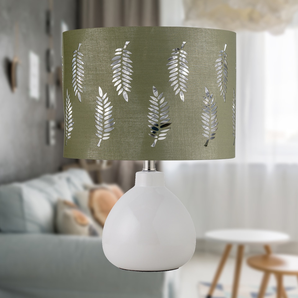 image 1 of Set of 2 Tuscan - White Ceramic Lamps with Sage Green Fern Shade | White | Green | Large | 2