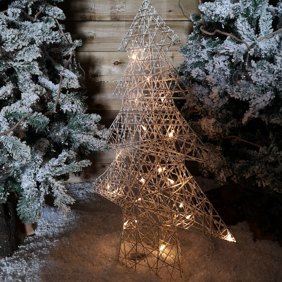 image 1 of 80cm Warm White Battery Operated LED White and Gold Woven Tree Silhouette Christmas Decoration