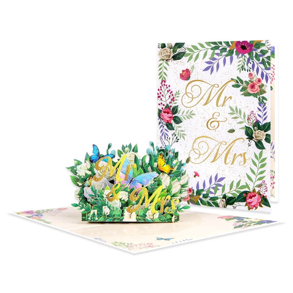image 1 of Mr & Mrs with Floral Accents Romantic 3D Pop Up Wedding Congratulations Card