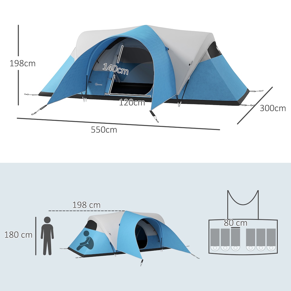 image 1 of Outsunny 3000mm Waterproof Camping Tent with Porch & Sewn in Groundsheet, Blue