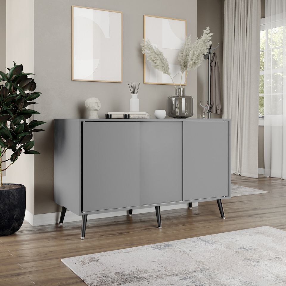 image 1 of URBNLIVING Grey Carcass 3 Door Sliding Storage Cabinet | Multi | Grey Doors & Black Legs | 1