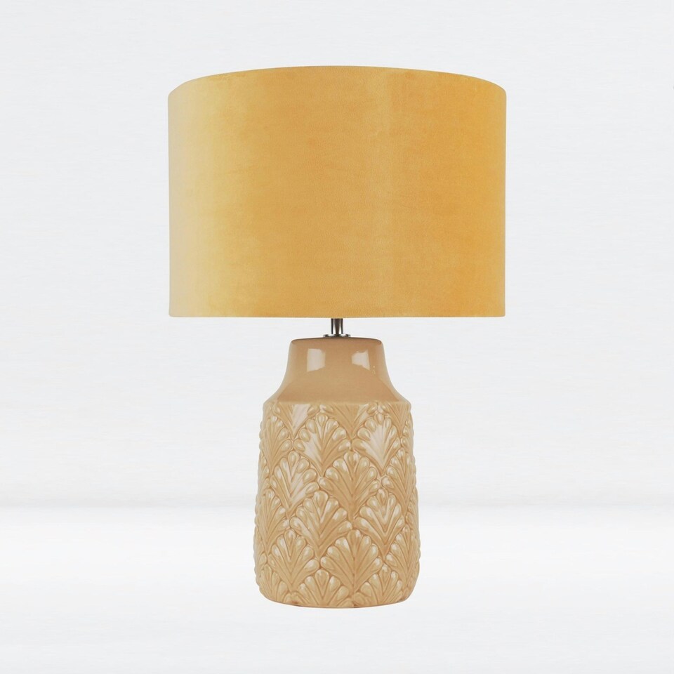 image 1 of First Choice Lighting Peacock Glazed Ceramic Lamp with Ochre Velour Shade Yellow | Yellow