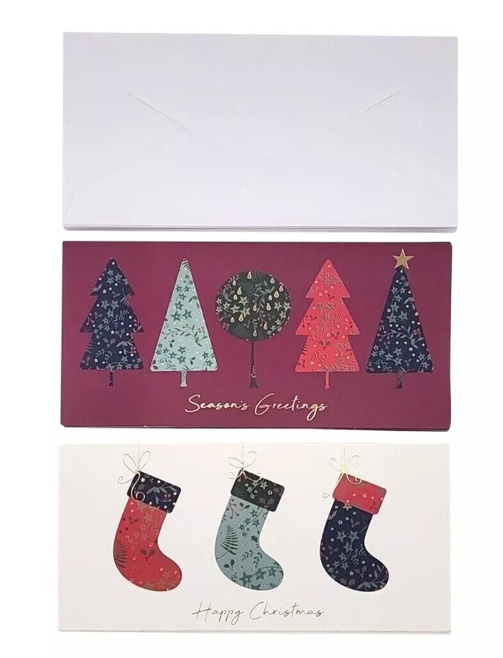 16 Pack Slim Christmas Cards Stockings & Tree Design