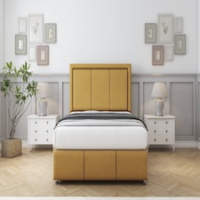 Sloomy Lancaster Mustard Plush Divan Bed With Mattress 2 Drawers Right Side With 26" Strutted Headboard & 12" Matching Footboard 4' Small Double | Gold | Mustard | Small Double | 1