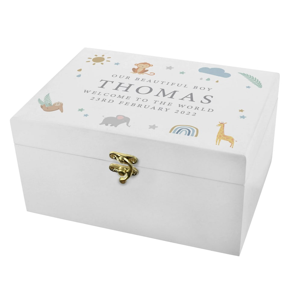 image 1 of Personalised Safari Animals Small Wooden Keepsake Box White