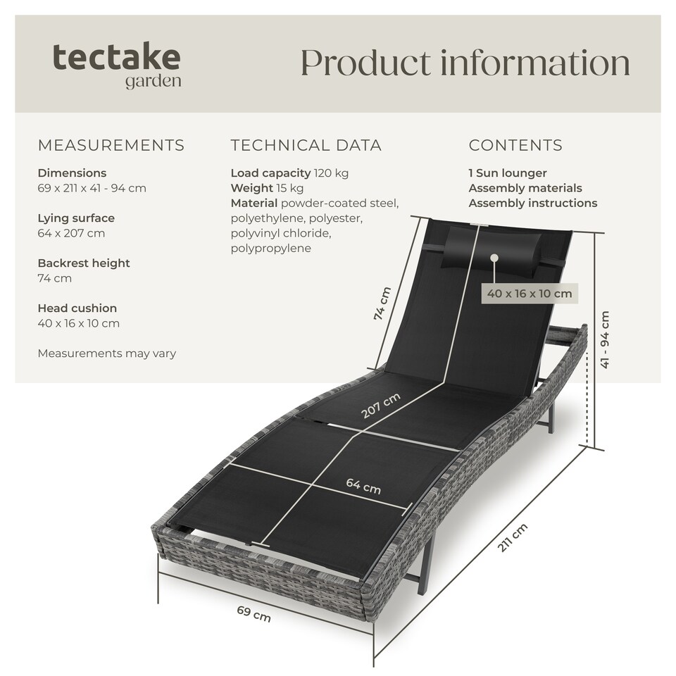 image 1 of Sun Lounger Weatherproof And UV-resistant 6 step Adjustable Backrest Poly Rattan | Grey | mottled grey | 1