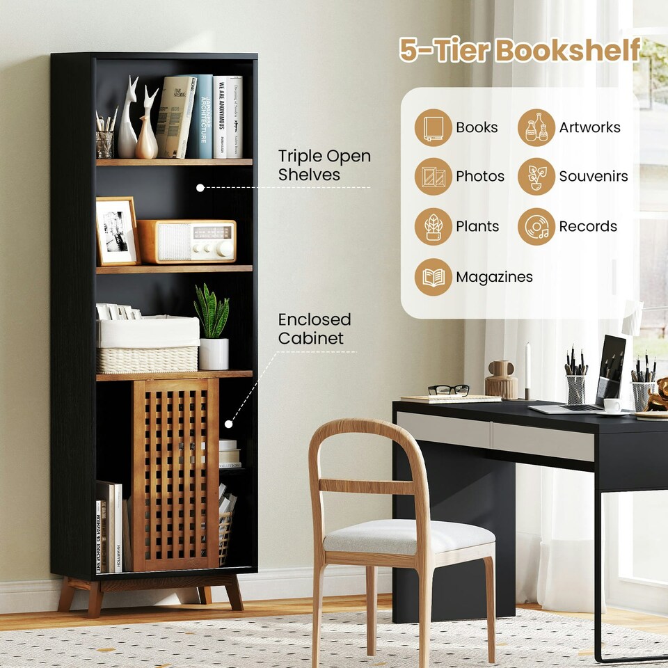 image 1 of COSTWAY Bookshelf 5-Tier Bookcase w/Reversible Shelf Black