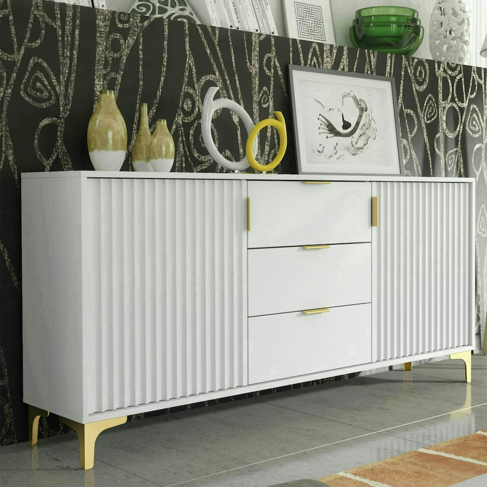 image 1 of Bold sideboard 140cm white ribbed fronts gold accents White