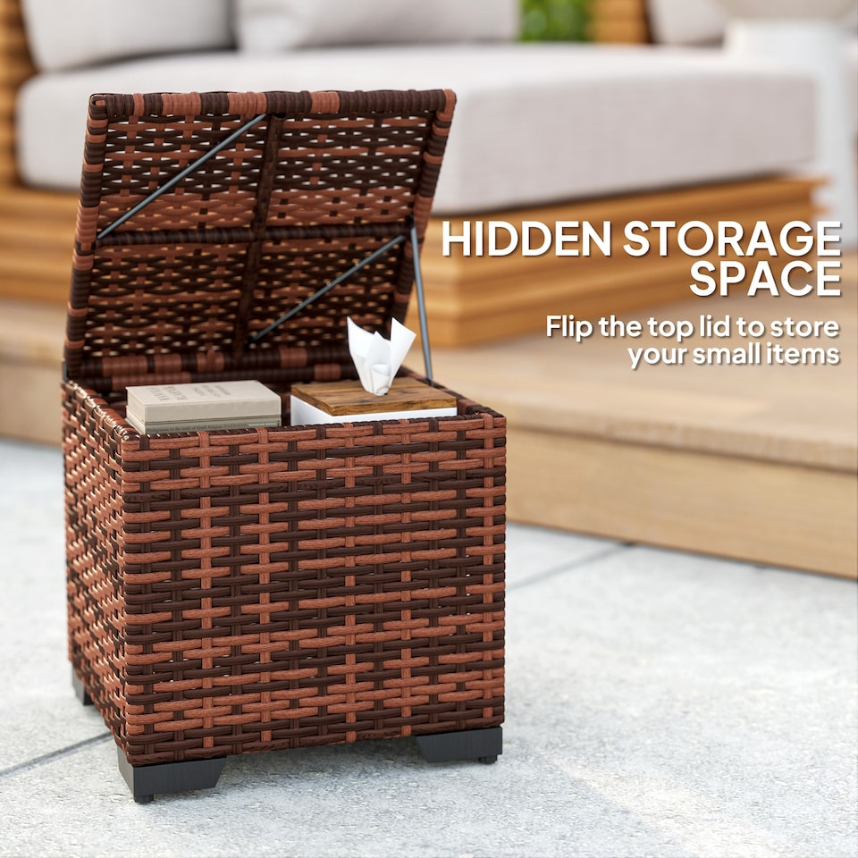 image 1 of Outsunny Set of 2 Rattan Storage Ottoman, Outdoor Footstool with Removable Cushions, Garden Storage Seat for Balcony, Porch, Living Room, Beige | White | 40W x 40D x 40H cm | 1