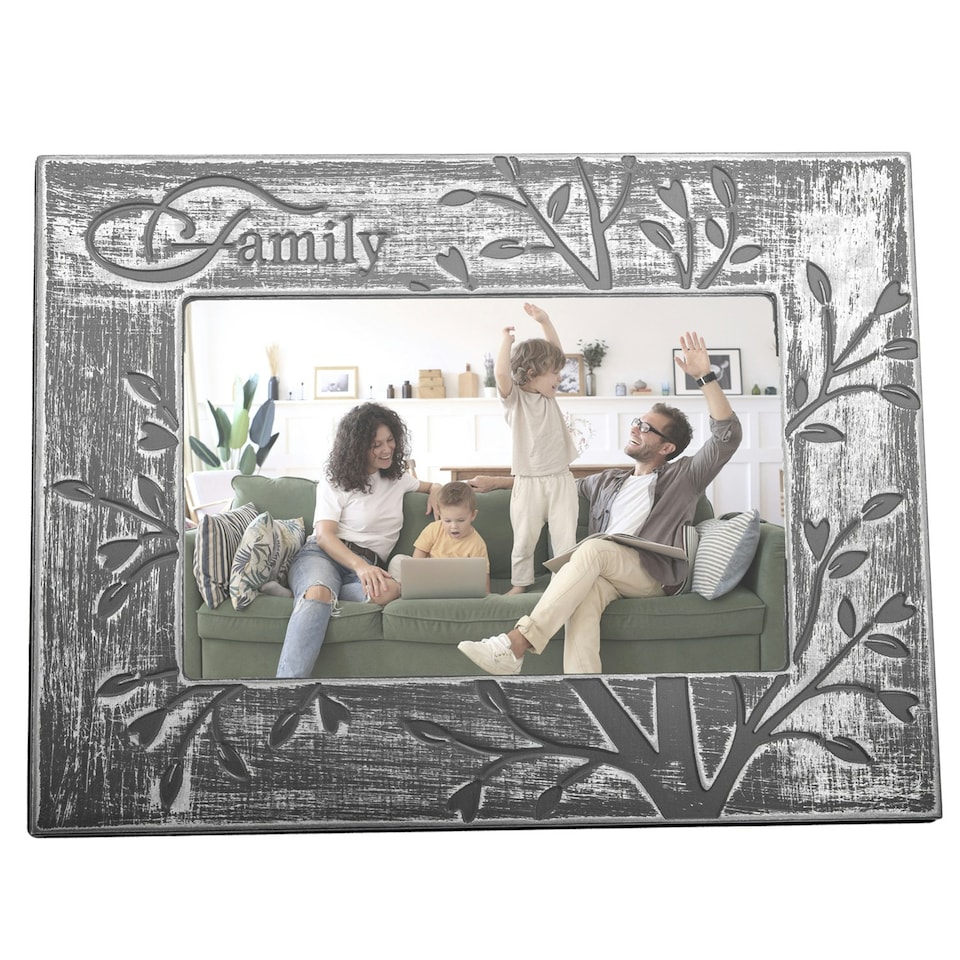image 1 of Galvanised Brushed Silver Family Sentiment Picture Frame with Tree Decoration Silver | One Size