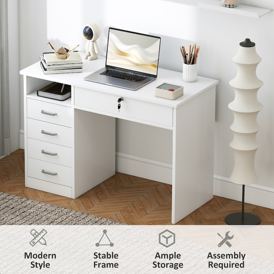 image 1 of HOMCOM Computer Desk, Home Office Desk with Lockable Drawer, Storage Shelf for Study Bedroom, 110 x 50 x 76 cm, White