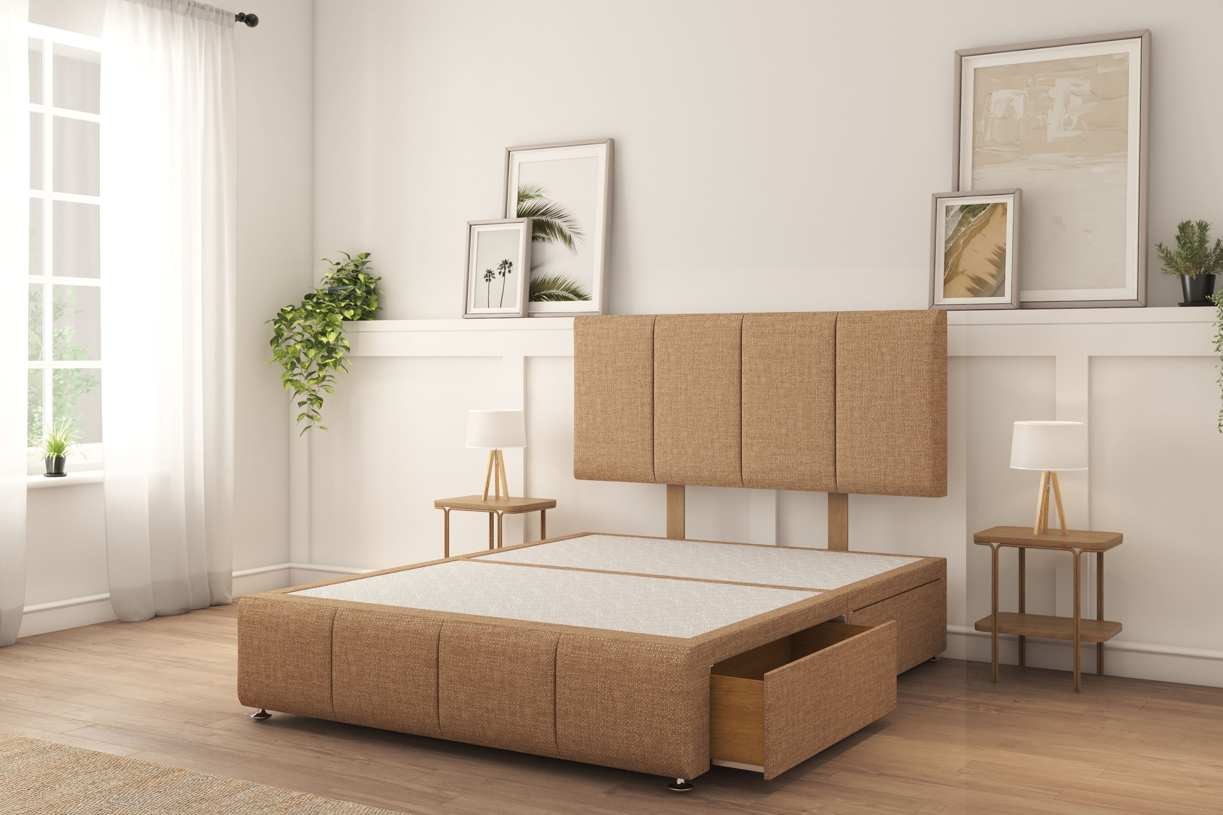 Sloomy Lisbon Latte Tweed Divan Bed Base 2 Drawers Right Side With 26" Strutted Headboard & 12" Footboard 4'6 Double