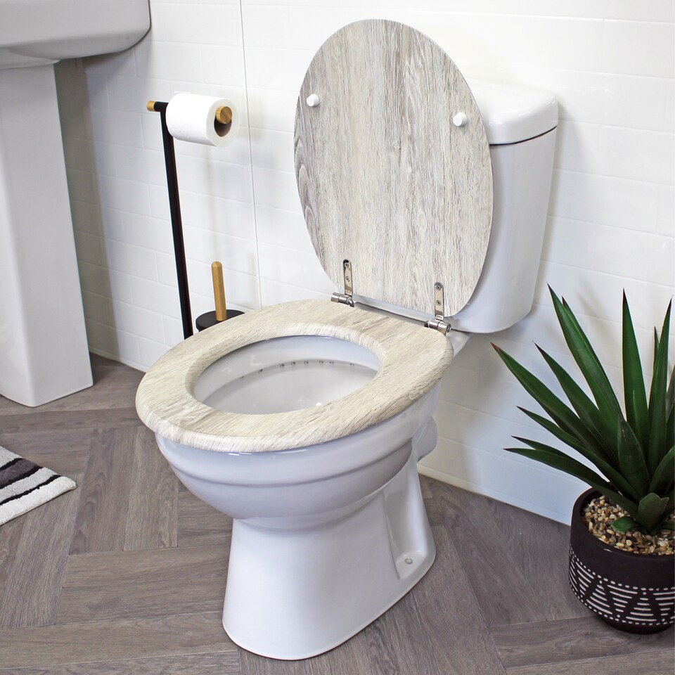 image 1 of Showerdrape Oxford Grey Oak Wooden Toilet Seat | Grey | 1