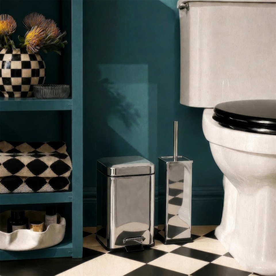image 1 of Harbour Housewares 2x Chrome Toilet Brushes with Holder - Square Brush with Non Slip Base Rust Resistant Toilet Cleaning Brush Set