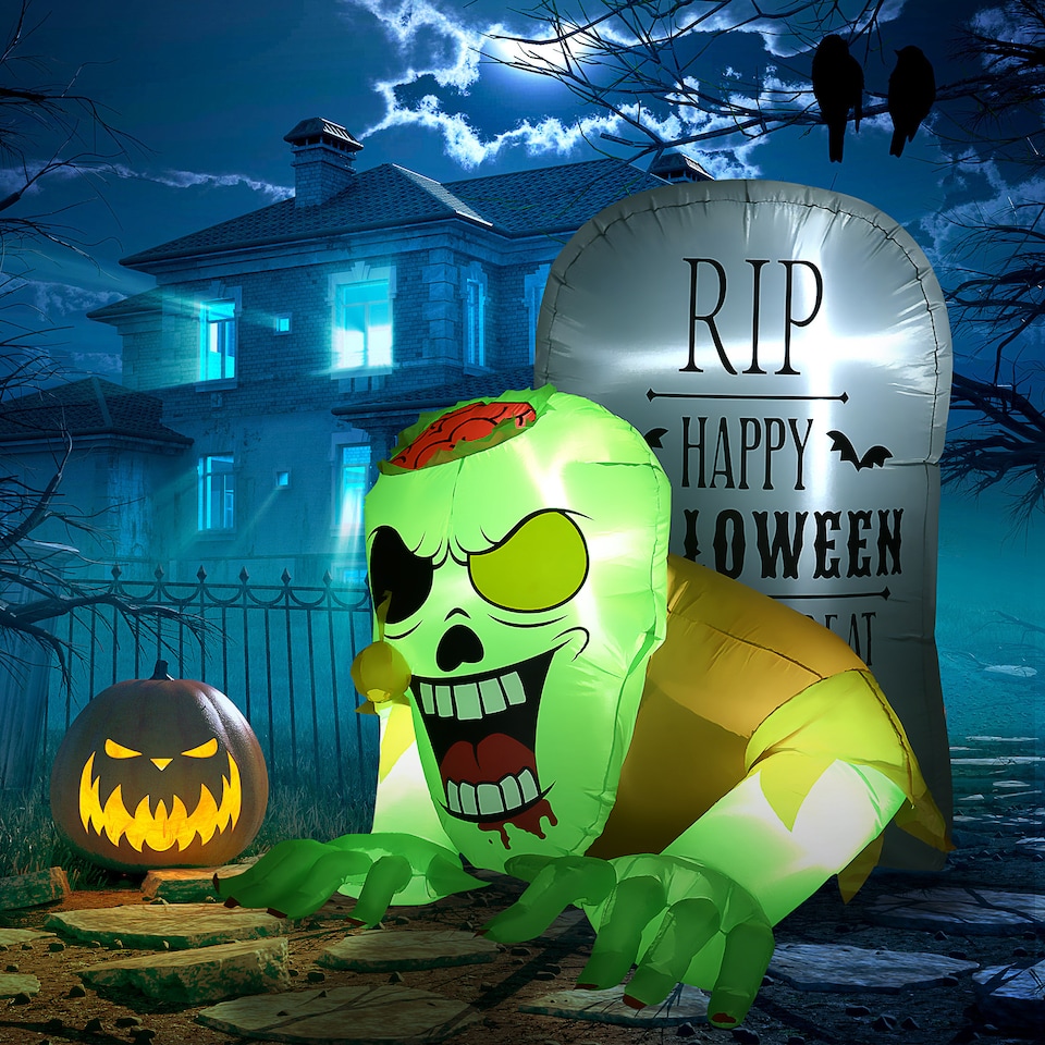 image 1 of HOMCOM 5FT Halloween Inflatables Ghost and Tombstone, Blow Up Outdoor Halloween Decorations with Build-in LED Lights for Garden, Lawn, Party
