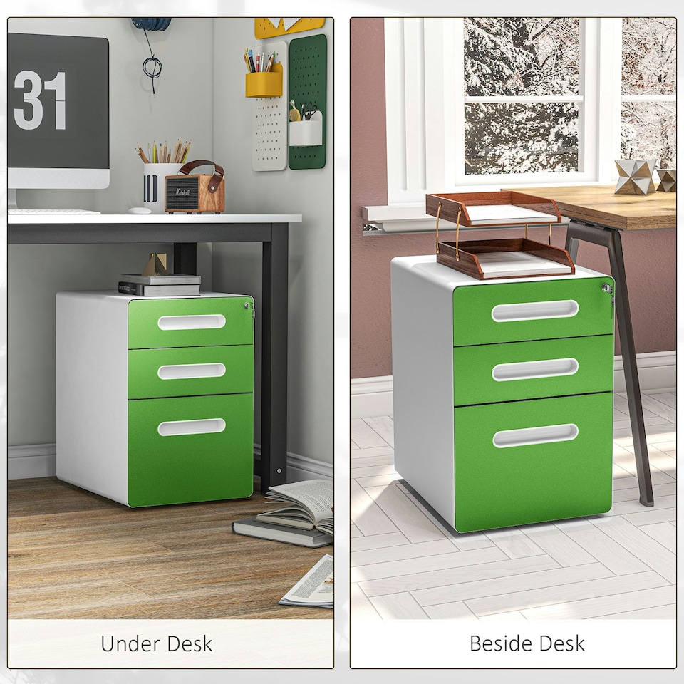 image 1 of Vinsetto 3 Drawer Modern Steel Filing Cabinet w/ 4 Wheels Lock Box Green